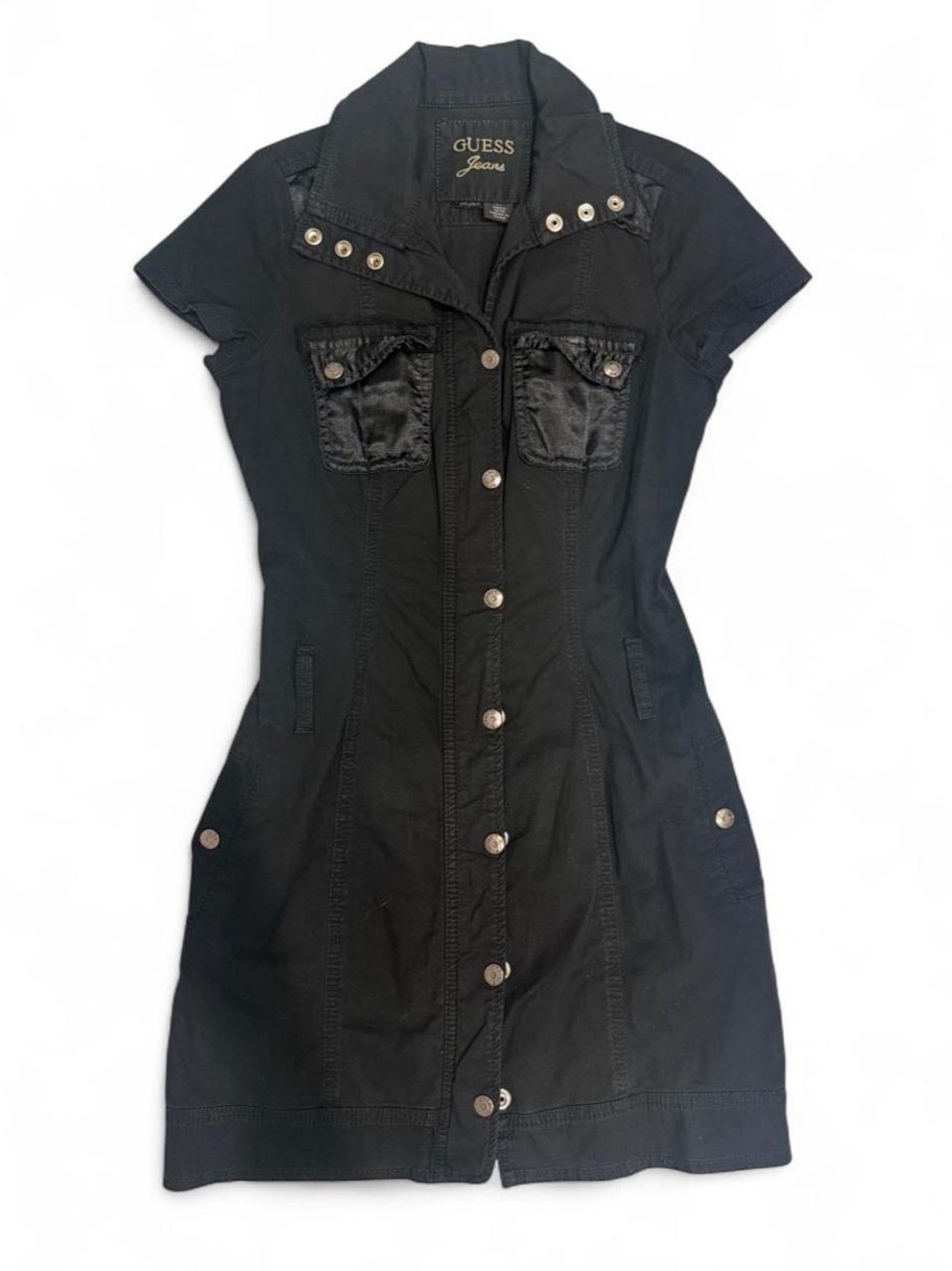 Vintage Guess Jeans Black Stretch Utility Mini Cyber Grunge Dress Size M Y2K